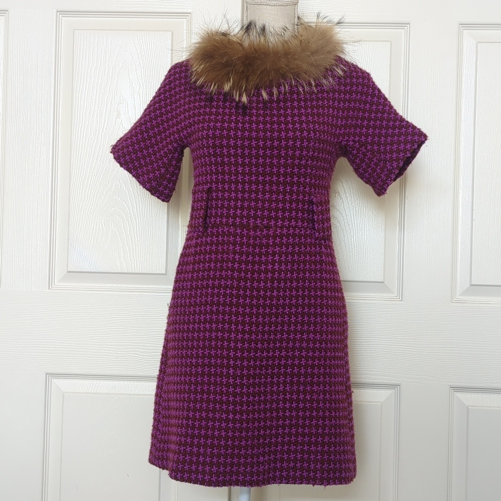 Purple Houndstooth Dress with Faux Fur Collar